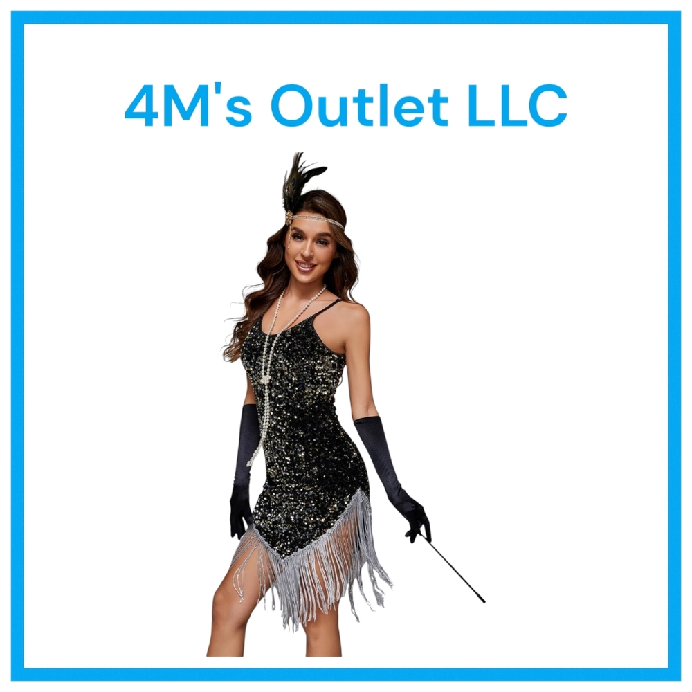 1920s Flapper Sequin Fancy Costume Dress Great Gatsby Party Large Black-silver